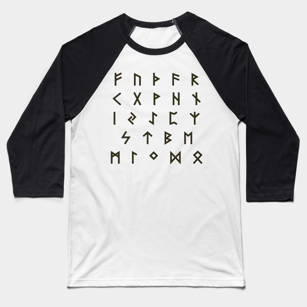 Futhark Rune Alphabet Stickers in Burnt Wood and Green Sap Baseball T-Shirt by SolarCross